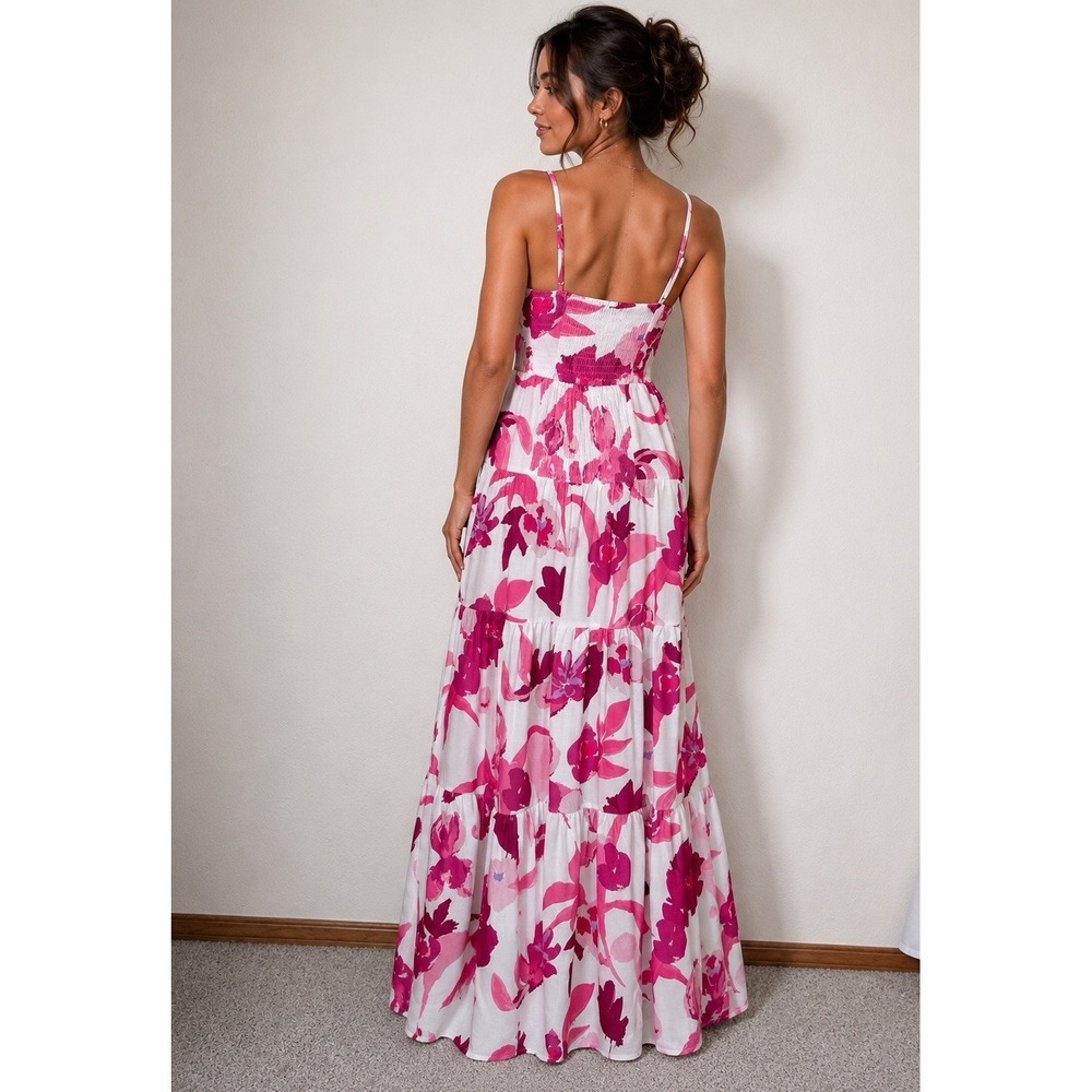 Petal + Pup Monica Floral Fit & Flared Tiered Maxi Dress Womens M Pink Garden - Picture 2 of 12